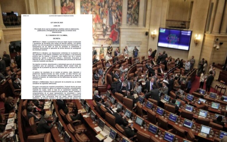Debate por ley: documento oficial de la Ley 2494 de 2025 que regula las encuestas en Colombia.