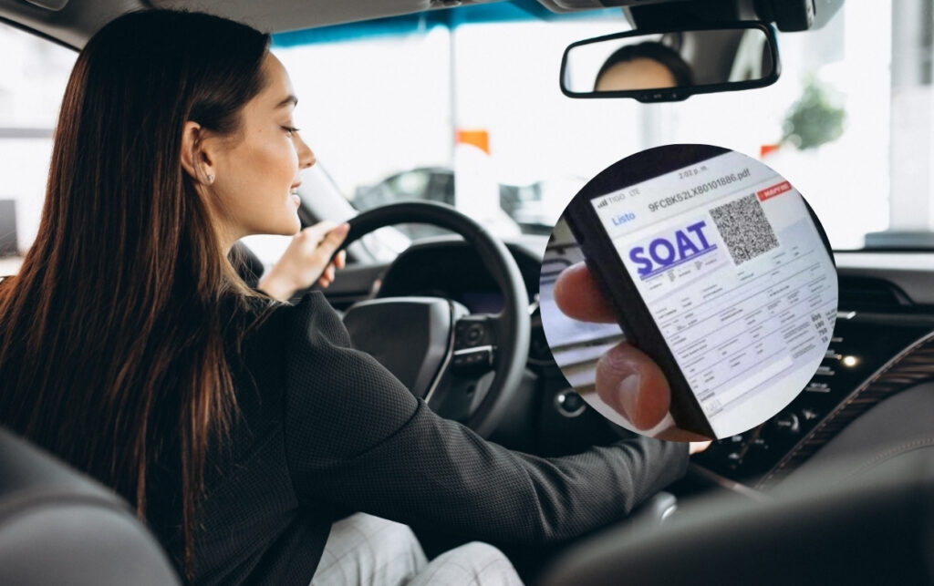 Mujer revisa el panel digital de su vehículo como parte de contenidos educativos sobre conducción segura y Renovación del SOAT.