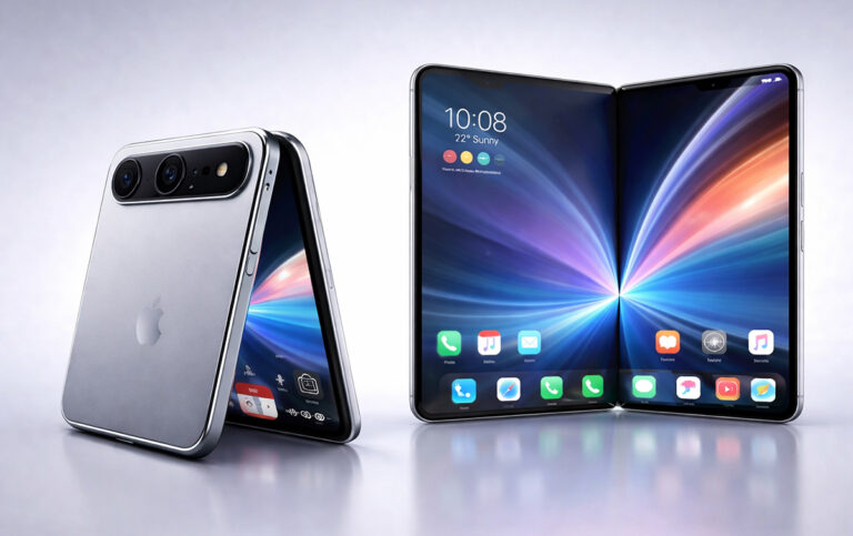 iPhone Fold desplegado con pantalla interior grande y diseño sin pliegue visible.