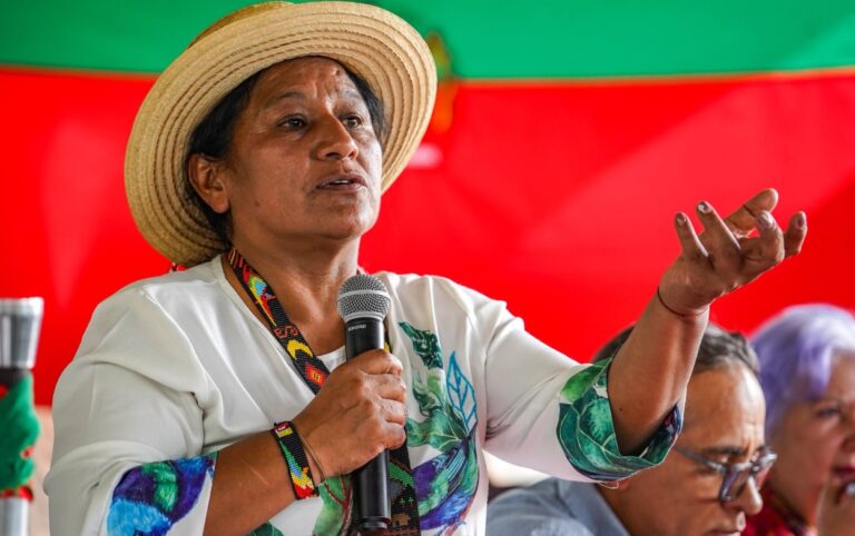 La senadora Quilcué toma la palabra en encuentro comunitario destacando la defensa del territorio y los derechos indígenas.