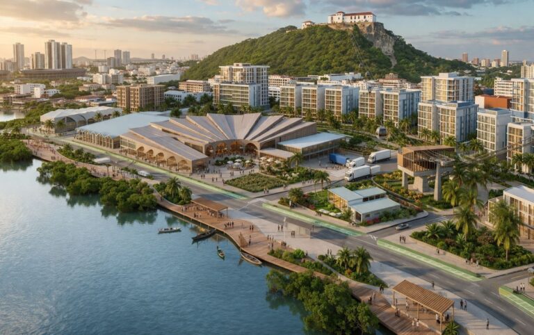 Así será el nuevo Bazurto: adiós al caos histórico Vista aérea del nuevo Bazurto en Cartagena con integración urbana, desarrollo inmobiliario y conexión con la ciénaga.